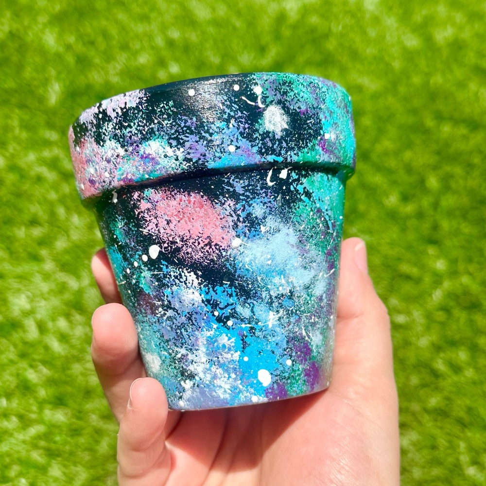 Galaxy Painted Small Plant Pot Handmade 
3” H for Garden or Home Decor